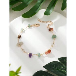 Natural Multi Gemstone Beaded Bracelet Gold Adjustable Chain Raw Crytal Colorful